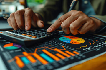 A close-up of hands using a calculator and financial statements, planning an investment strategy.