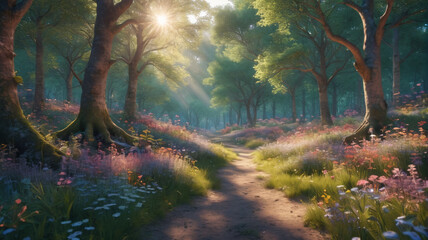 Obraz premium A whimsical forest glade bathed in the soft glow of twilight, where curious woodland creatures dance amidst the dappled sunlight and fragrant blooms, Generative AI