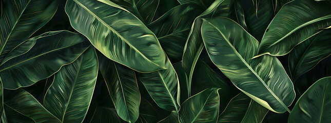 A dark green background with large, detailed leaves of a tropical plant. The texture is smooth and realistic,