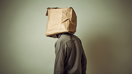 A man with a cardboard bag on his head