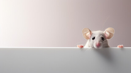 a small mouse peeks out, on a smooth background in the studio, a lot of copy space for design