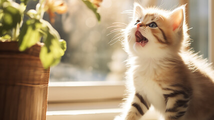 cute cat in the rays of sunlight in the interior of a cozy apartment, spring sunny mood