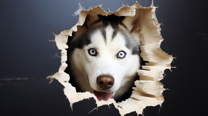 a husky dog peeks out of a hole in a ruined wall