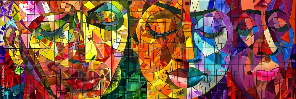 Poster vibrant prismatic mosaic of intricate geometric patterns and captivating chromatic interplay