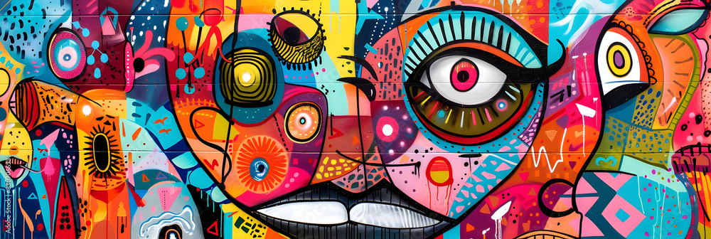 Poster vibrant psychedelic abstract artwork with eclectic patterns and playful shapes in vivid colors