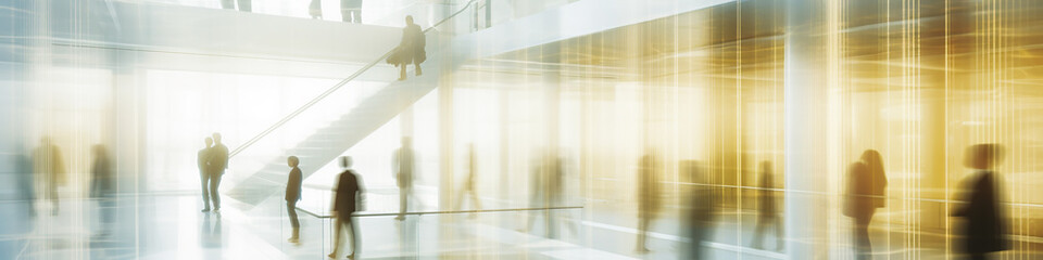 long narrow panoramic view group of silhouettes of people blurred in motion on a golden glowing white background of a business center.