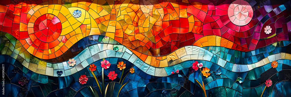 Poster vibrant stained glass mosaic patterns showcasing a mesmerizing kaleidoscope of colors and shapes
