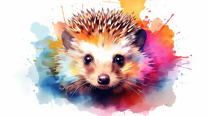 Hedgehog, cute watercolor portrait isolated on a white background in the style of liquid ink spots