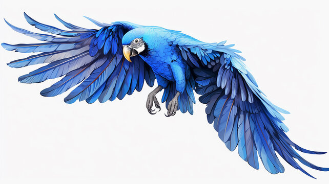 blue parrot in flight, isolated on a white background with a blue macaw print