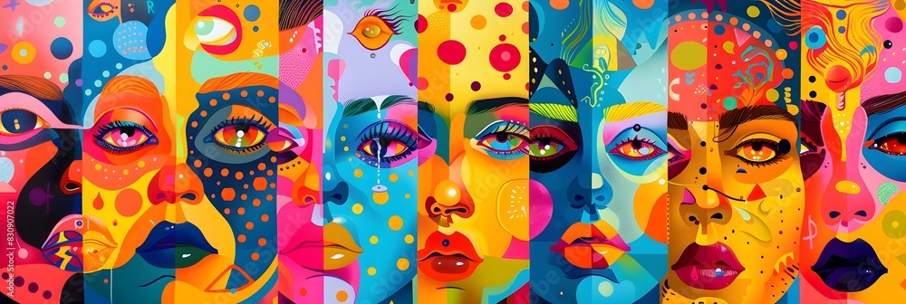 Poster vibrant surreal faces and expressions in a kaleidoscopic digital art design