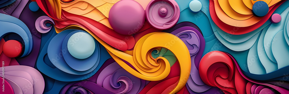 Poster Vibrant Swirling Shapes in a Kaleidoscopic Digital Composition Evoking a Sense of Expression and Creative Imagination