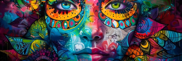 Fototapeta premium Vibrant Surreal Portrait of a Mystical Bohemian Woman with Intricate Ethnic Makeup and Patterns