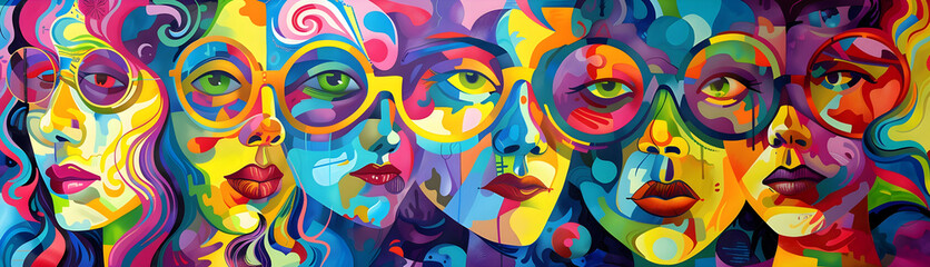 Obraz premium Vibrant Surreal Faces Collage Emotive Digital Artwork in Psychedelic Abstract Style