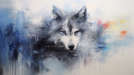 portrait of a wolf or dog in the style of impressionism, light white background copy space in light blue and gray tones