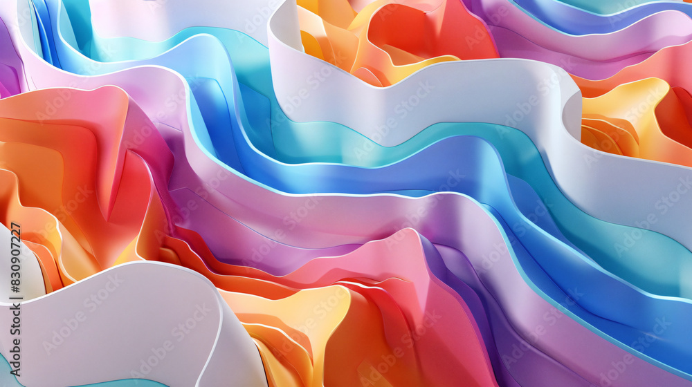 Poster 3d render of a colorful abstract background with multicolored waves, rainbow color curves, organic s