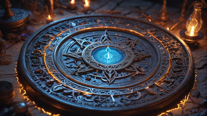 Fototapeta premium Within the Sorcerer's Sanctum, arcane symbols glow, holding secrets of ancient magics, Generative AI