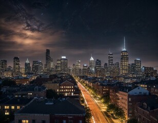 Naklejka premium Perseid Meteor Shower Above Urban Skyline at Night