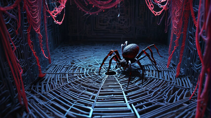 In the Lair of the Spider Empress, silk threads weave intricate patterns, capturing prey in a labyrinth of shadows, Generative AI