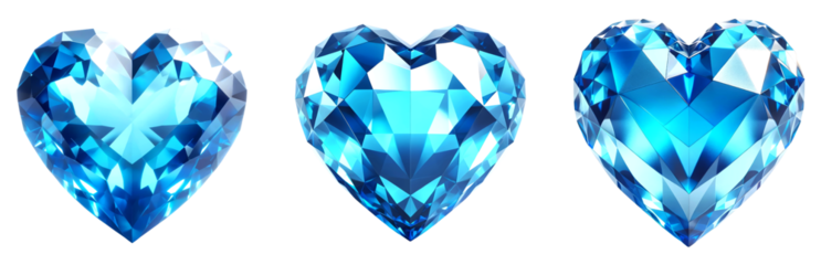 3D crystal heart gemstone, reflective facets in varying shades of blue