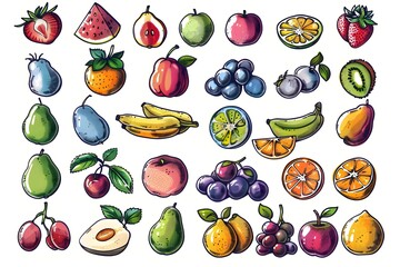 Colorful Doodle Icon Set of Diverse Fruits Showcasing Nature s Bounty and Nutritious Produce