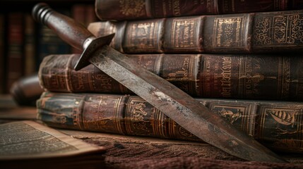 A knife is laying on top of a stack of books