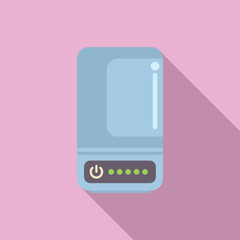 Graphic illustration of a modern portable power bank on a pink background, rendered in flat design style
