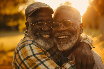 Candid inclusive image of two happy black men hugging outdoors at golden hour - Powered by Adobe