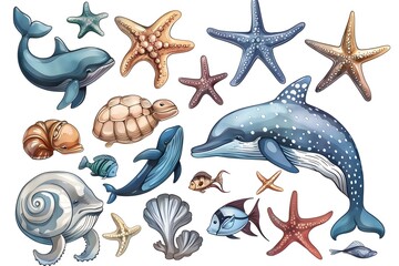 Vibrant Collection of Diverse Sea Creatures Depicted in on White Background