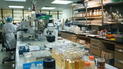 laboratory with a microscope and workbenches filled with cell samples and chemicals. with scientists recording data in notebooks