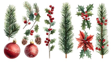 Festive Christmas Nature Elements Set with Fir Branches Holly Poinsettia Flowers Ornaments and Berries on White Background