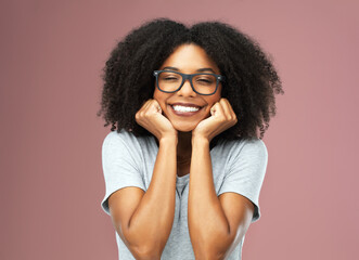 Studio, joy and black girl with glasses for vision, portrait and Gen z with smile and excited with...