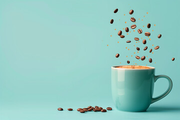 A mug of hot coffee sits invitingly against a neutral blue background, with a coffee beans captured mid-air as they cascade gracefully into the cup, adding a dynamic touch to the serene scene.