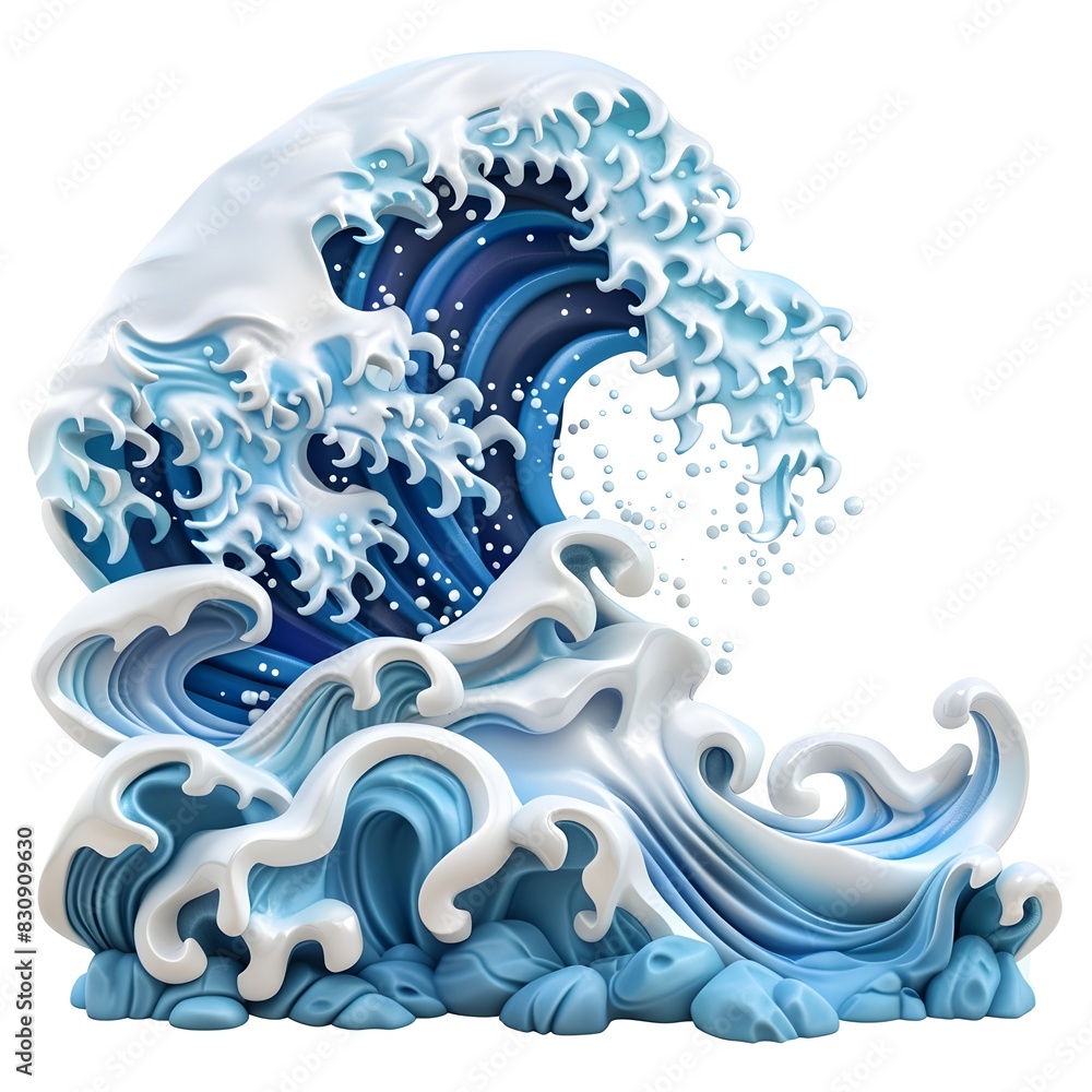 Poster Powerful Cartoon Wave Splash in Dynamic 3D Clay Motion for Oceanic Storm Tide and Surf Scenes