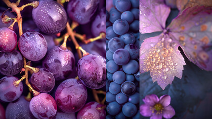 Purple grapes, glistening water droplets, and lush grape leaves set against a backdrop of purple hues, complemented by a mood board showcasing the opulence of purple grapes and wine leaves.