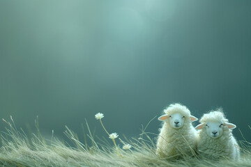 Against a lush green backdrop, two fairytale sheep recline on the soft grass,inviting viewers into a realm where imagination and nature seamlessly intertwine.