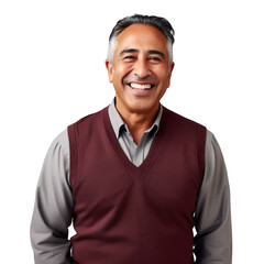 Front view mid shot of a 60-year-old handsome Indian man dressed in a camel-colored cashmere sweater and charcoal gray dress pants, smiling on a white transparent background