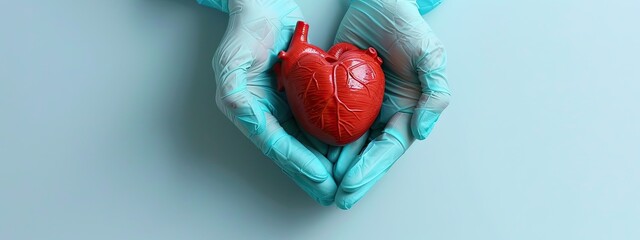 Heart disease prevention medical gloves holding heart