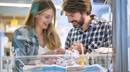 Joyful parents visiting their newborn baby in a neonatal unit, celebrating the arrival of their child and cherishing the moment.