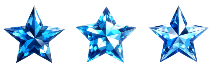 3D crystal star gemstone, reflective facets in varying shades of blue