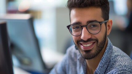 Obraz premium Professional Middle Eastern Man Working in Modern Office, Smiling at Camera, Business Environment, Ideal for Corporate Use, Marketing, and Digital Media