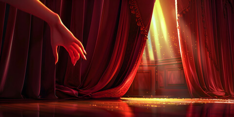 Red Stage Curtain Opening for Theater Show Dramatic Theatre Presentation on Colorful Background.
