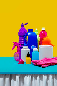 Still life of cleaning products on table against yellow background