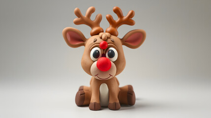 Cute Cartoon 3D Clay Christmas Reindeer Icon with Expressive Eyes and Glowing Red Nose on Plain White Background