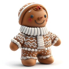 Obraz premium Cheerful 3D Clay Gingerbread Man in Holiday Sweater on Clean White Background