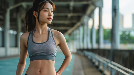 Fit Asian woman doing morning exercise, with empty copy space