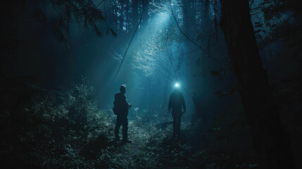 Searching for a person in the forest. Search in the dark forest