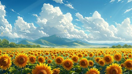 Obraz premium A field of sunflowers stretches towards a mountain range under a bright blue sky with fluffy clouds.