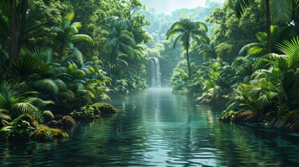 A lush tropical rainforest with a cascading waterfall and a clear, tranquil river.  Sunlight filters through the canopy, illuminating the vibrant foliage.