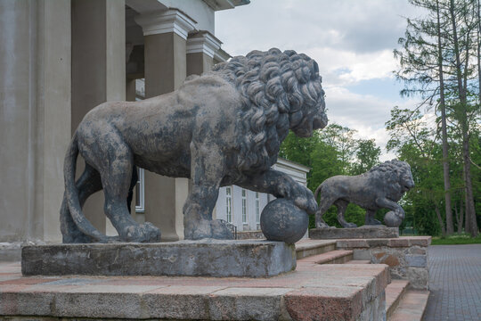 Medici lions sculptures at the entrance to the Astravas manor in Birzai, Lithuania.