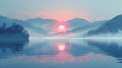A serene sunrise over a misty lake, with mountains silhouetted in the background. The vibrant pink sky and water create a peaceful and tranquil atmosphere.